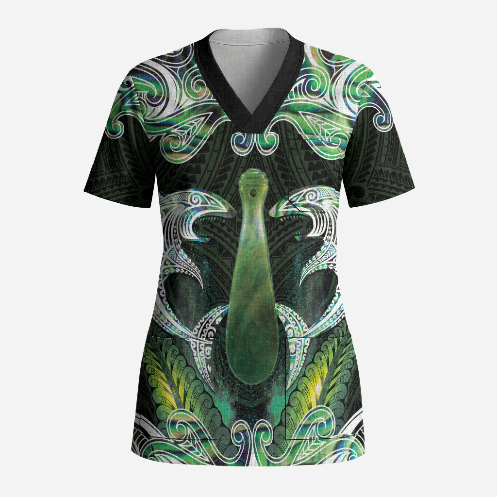 New Zealand Mere Pounamu Weapon Scrub Top Aotearoa Mango Paua Shell Maori Pattern