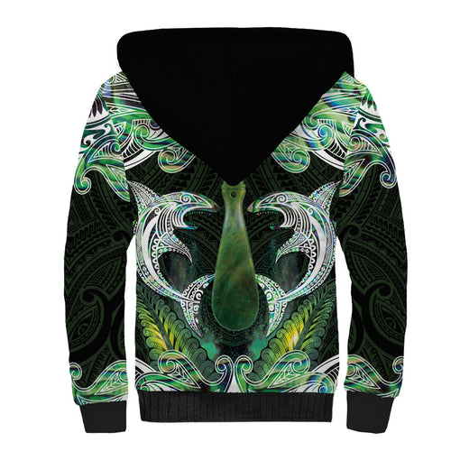 New Zealand Mere Pounamu Weapon Sherpa Hoodie Aotearoa Mango Paua Shell Maori Pattern