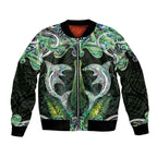 New Zealand Mere Pounamu Weapon Sleeve Zip Bomber Jacket Aotearoa Mango Paua Shell Maori Pattern