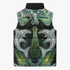 New Zealand Mere Pounamu Weapon Sleeveless Puffer Jacket Aotearoa Mango Paua Shell Maori Pattern