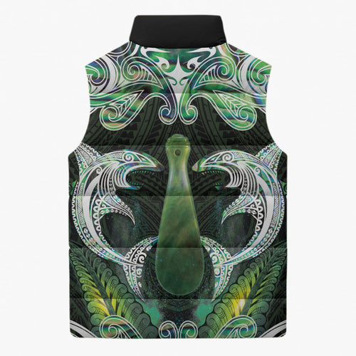 New Zealand Mere Pounamu Weapon Sleeveless Puffer Jacket Aotearoa Mango Paua Shell Maori Pattern