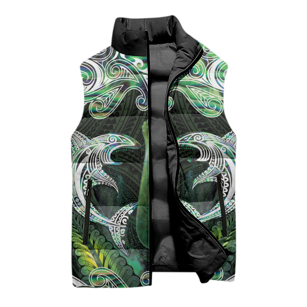 New Zealand Mere Pounamu Weapon Sleeveless Puffer Jacket Aotearoa Mango Paua Shell Maori Pattern