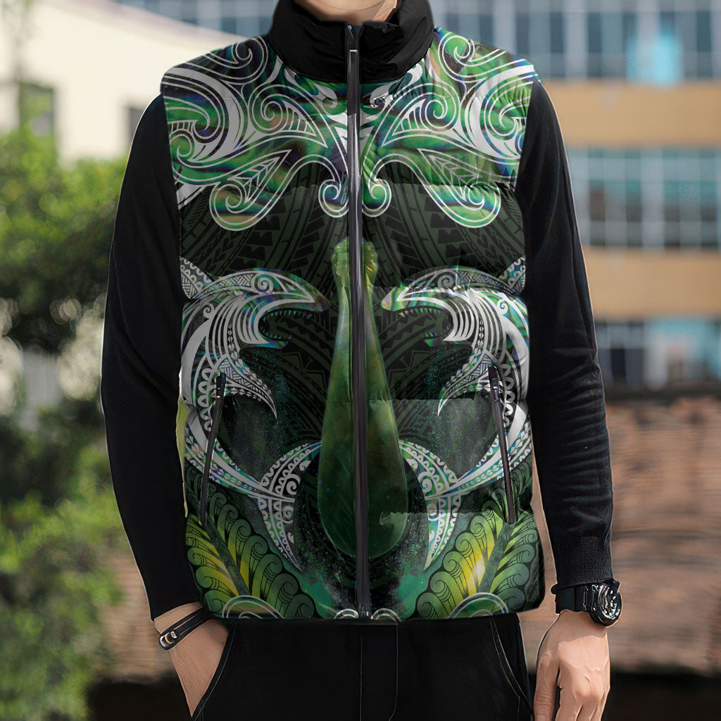 New Zealand Mere Pounamu Weapon Sleeveless Puffer Jacket Aotearoa Mango Paua Shell Maori Pattern