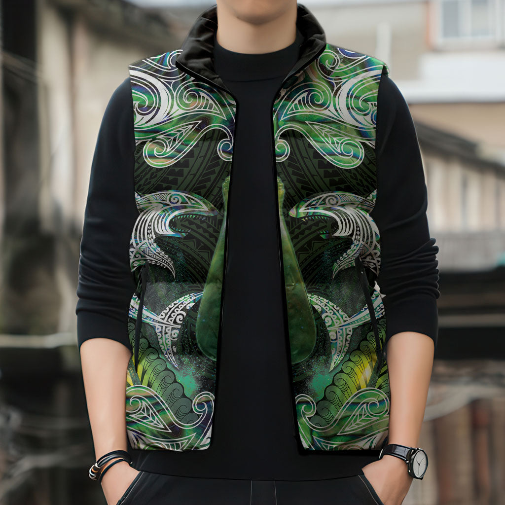 New Zealand Mere Pounamu Weapon Sleeveless Puffer Jacket Aotearoa Mango Paua Shell Maori Pattern