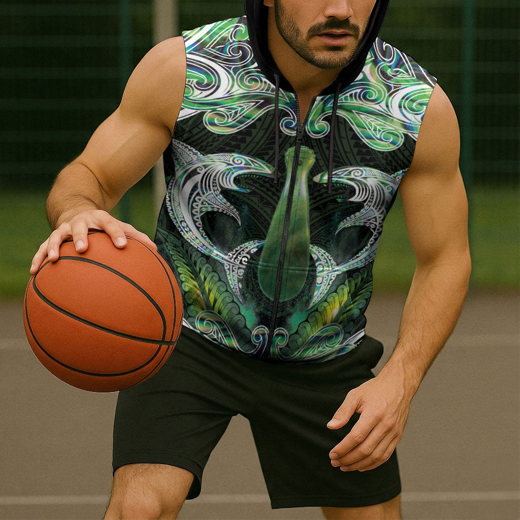 New Zealand Mere Pounamu Weapon Sleeveless Zip Hoodie Aotearoa Mango Paua Shell Maori Pattern