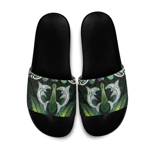 New Zealand Mere Pounamu Weapon Slide Sandals Aotearoa Mango Paua Shell Maori Pattern