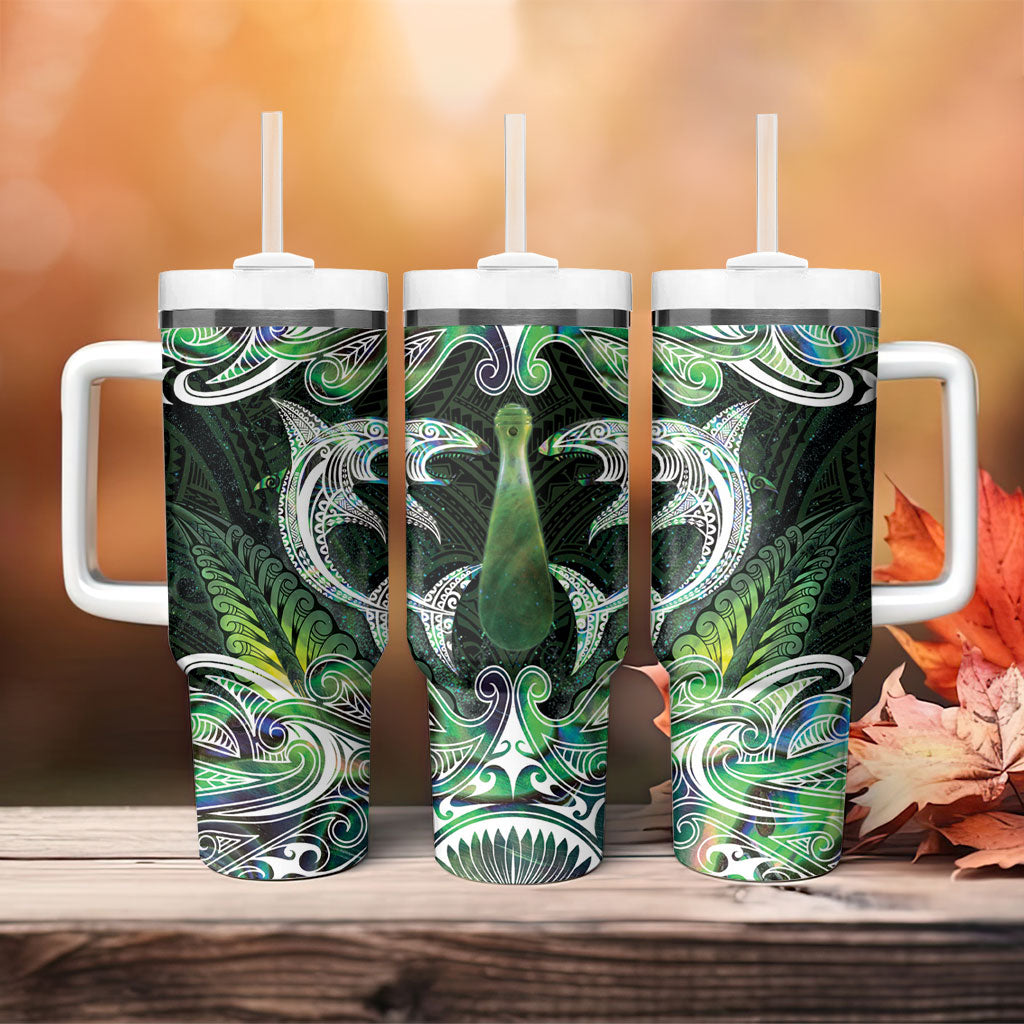 New Zealand Mere Pounamu Weapon Tumbler With Handle Aotearoa Mango Paua Shell Maori Pattern