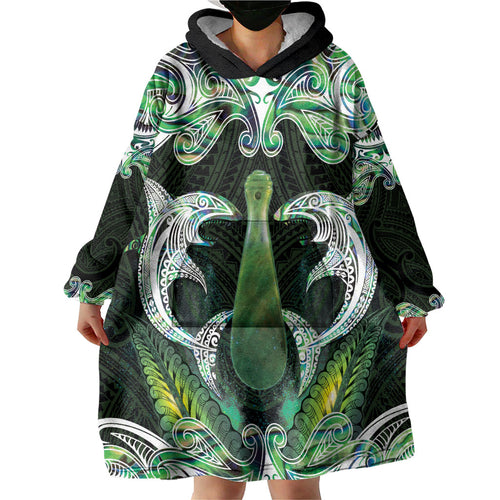 New Zealand Mere Pounamu Weapon Wearable Blanket Hoodie Aotearoa Mango Paua Shell Maori Pattern