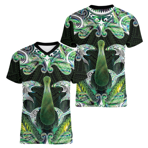 New Zealand Mere Pounamu Weapon Women V-Neck T-Shirt Aotearoa Mango Paua Shell Maori Pattern