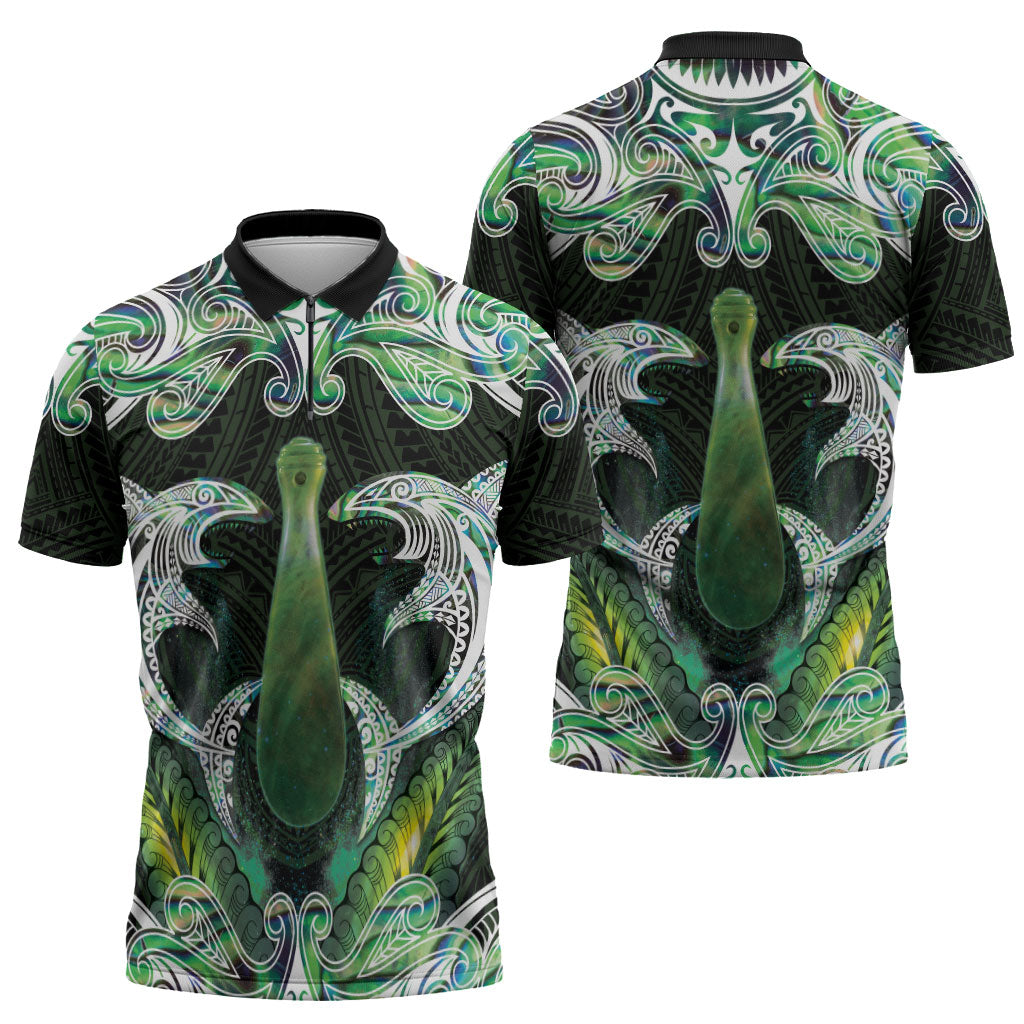 New Zealand Mere Pounamu Weapon Zipper Polo Shirt Aotearoa Mango Paua Shell Maori Pattern