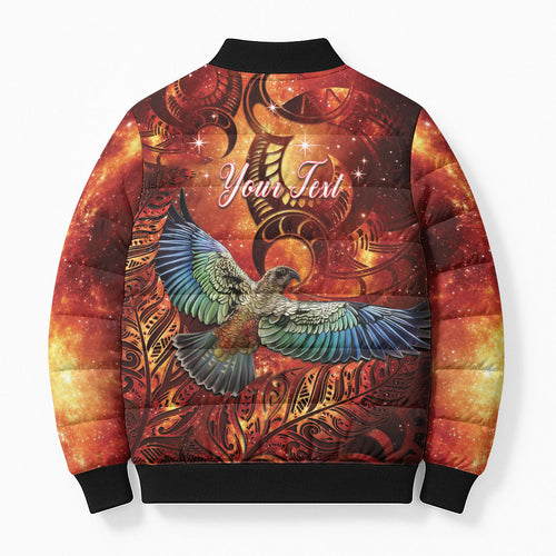 New Zealand Kea Bird Matariki Personalised Bomber Puffer Jacket Silver Fern Maori Pattern