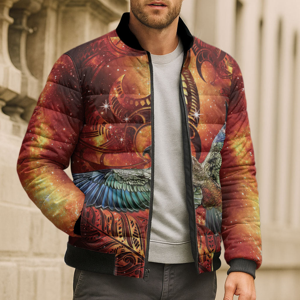 New Zealand Kea Bird Matariki Personalised Bomber Puffer Jacket Silver Fern Maori Pattern