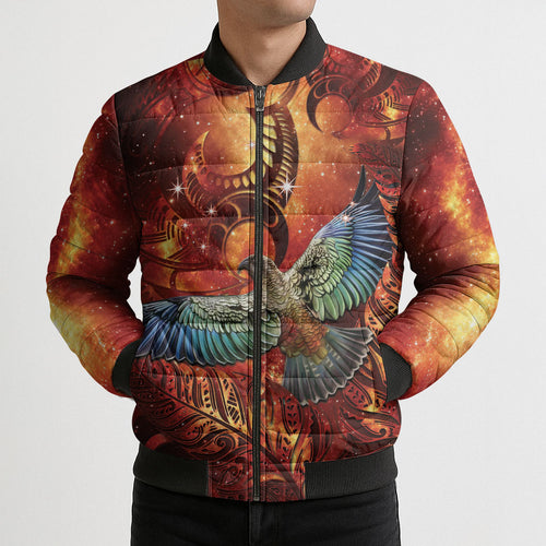 New Zealand Kea Bird Matariki Personalised Bomber Puffer Jacket Silver Fern Maori Pattern