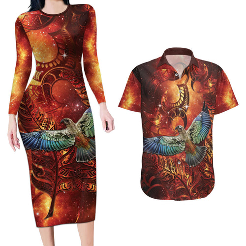 New Zealand Kea Bird Matariki Personalised Couples Matching Long Sleeve Bodycon Dress and Hawaiian Shirt Silver Fern Maori Pattern