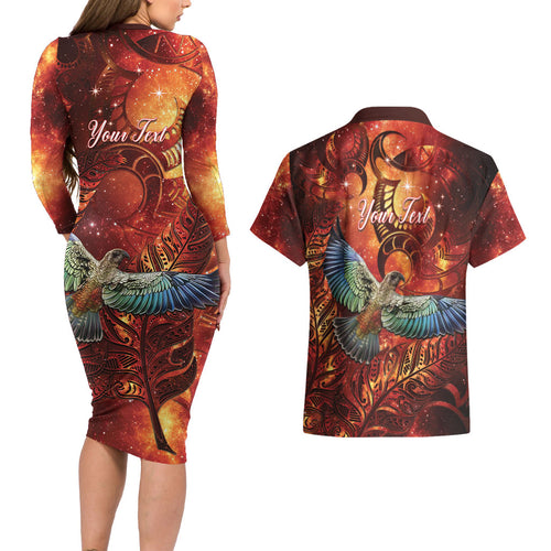 New Zealand Kea Bird Matariki Personalised Couples Matching Long Sleeve Bodycon Dress and Hawaiian Shirt Silver Fern Maori Pattern