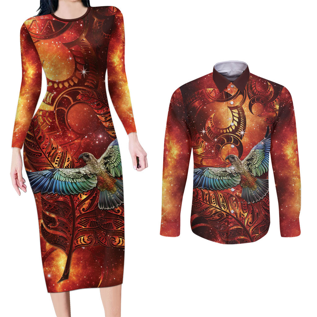 New Zealand Kea Bird Matariki Personalised Couples Matching Long Sleeve Bodycon Dress and Long Sleeve Button Shirt Silver Fern Maori Pattern