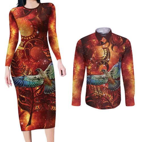 New Zealand Kea Bird Matariki Personalised Couples Matching Long Sleeve Bodycon Dress and Long Sleeve Button Shirt Silver Fern Maori Pattern