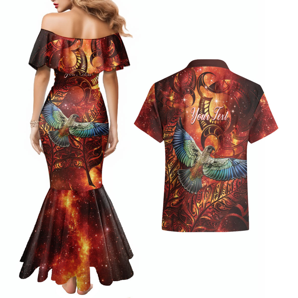 New Zealand Kea Bird Matariki Personalised Couples Matching Mermaid Dress and Hawaiian Shirt Silver Fern Maori Pattern