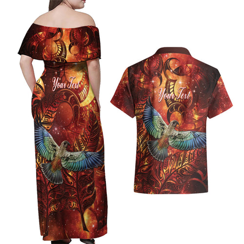 New Zealand Kea Bird Matariki Personalised Couples Matching Off Shoulder Maxi Dress and Hawaiian Shirt Silver Fern Maori Pattern