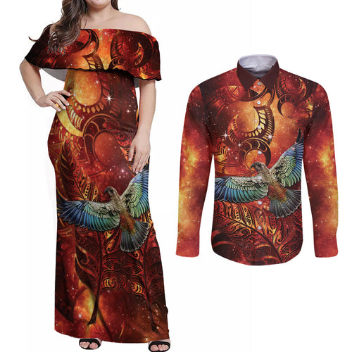 New Zealand Kea Bird Matariki Personalised Couples Matching Off Shoulder Maxi Dress and Long Sleeve Button Shirt Silver Fern Maori Pattern