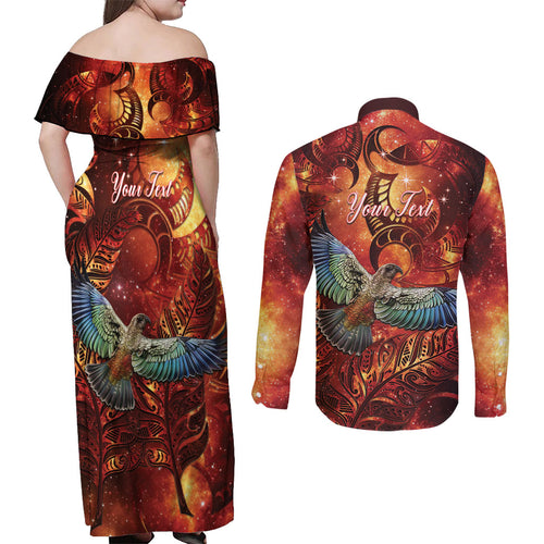New Zealand Kea Bird Matariki Personalised Couples Matching Off Shoulder Maxi Dress and Long Sleeve Button Shirt Silver Fern Maori Pattern