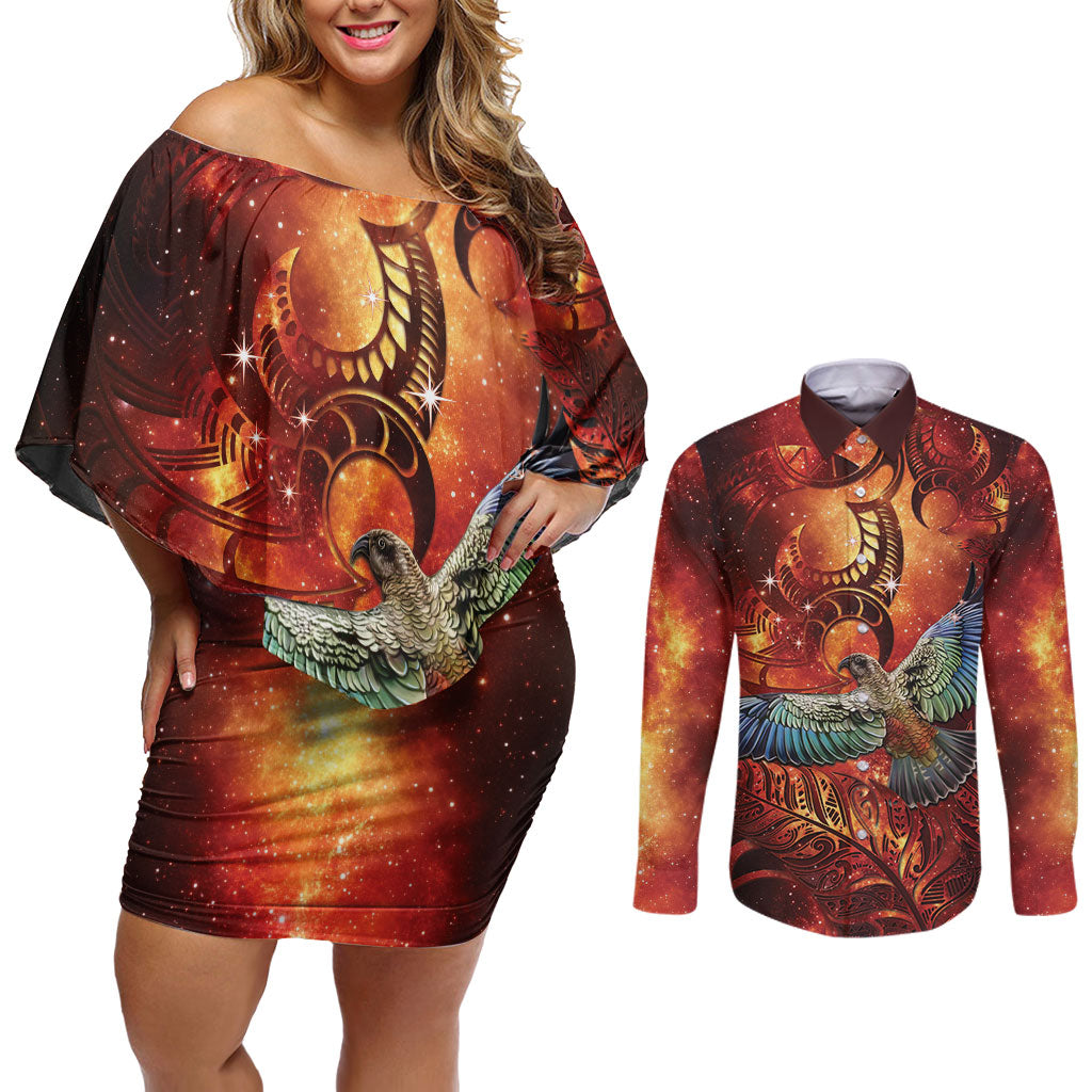New Zealand Kea Bird Matariki Personalised Couples Matching Off Shoulder Short Dress and Long Sleeve Button Shirt Silver Fern Maori Pattern