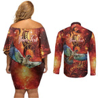 New Zealand Kea Bird Matariki Personalised Couples Matching Off Shoulder Short Dress and Long Sleeve Button Shirt Silver Fern Maori Pattern