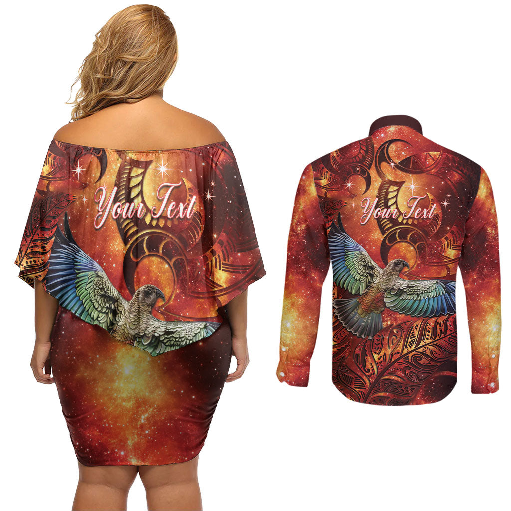 New Zealand Kea Bird Matariki Personalised Couples Matching Off Shoulder Short Dress and Long Sleeve Button Shirt Silver Fern Maori Pattern