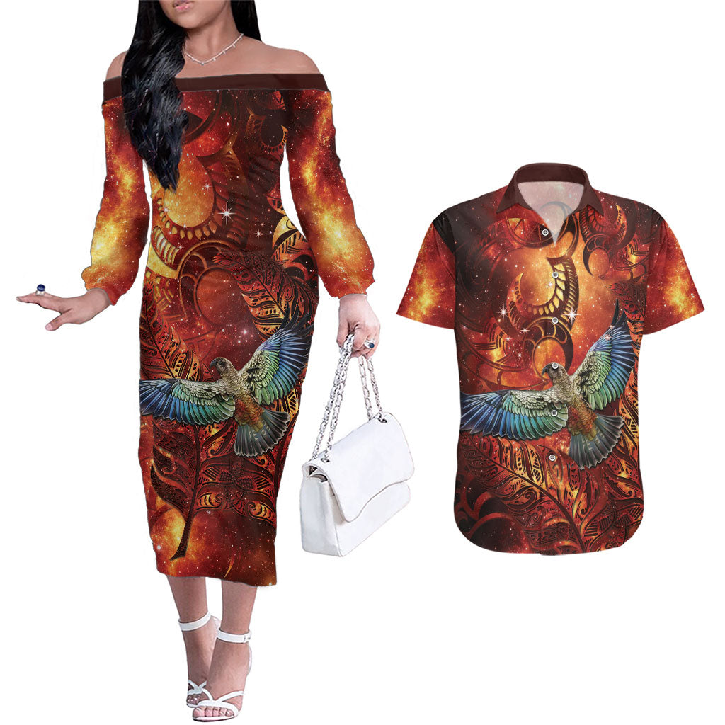 New Zealand Kea Bird Matariki Personalised Couples Matching Off The Shoulder Long Sleeve Dress and Hawaiian Shirt Silver Fern Maori Pattern