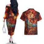 New Zealand Kea Bird Matariki Personalised Couples Matching Off The Shoulder Long Sleeve Dress and Hawaiian Shirt Silver Fern Maori Pattern