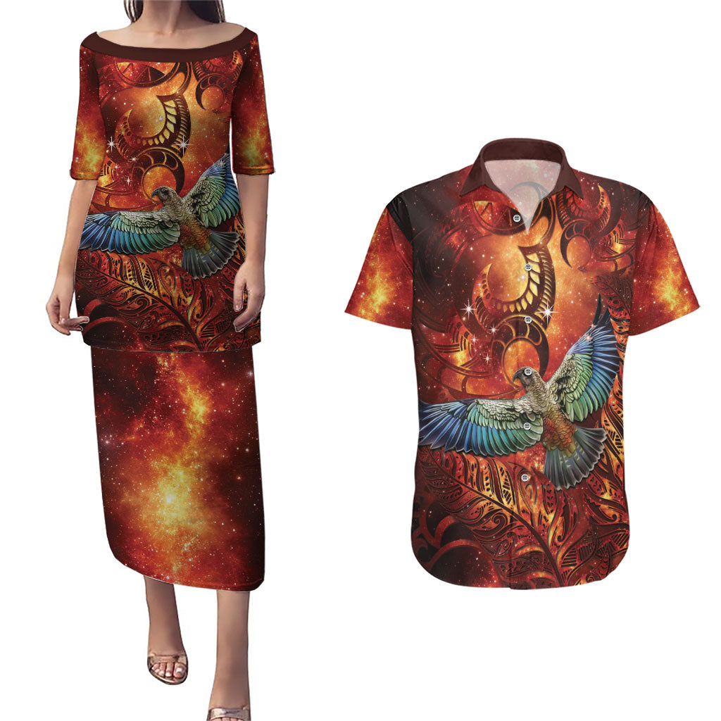 New Zealand Kea Bird Matariki Personalised Couples Matching Puletasi and Hawaiian Shirt Silver Fern Maori Pattern