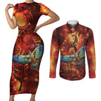 New Zealand Kea Bird Matariki Personalised Couples Matching Short Sleeve Bodycon Dress and Long Sleeve Button Shirt Silver Fern Maori Pattern