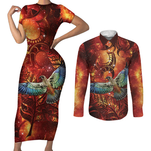 New Zealand Kea Bird Matariki Personalised Couples Matching Short Sleeve Bodycon Dress and Long Sleeve Button Shirt Silver Fern Maori Pattern