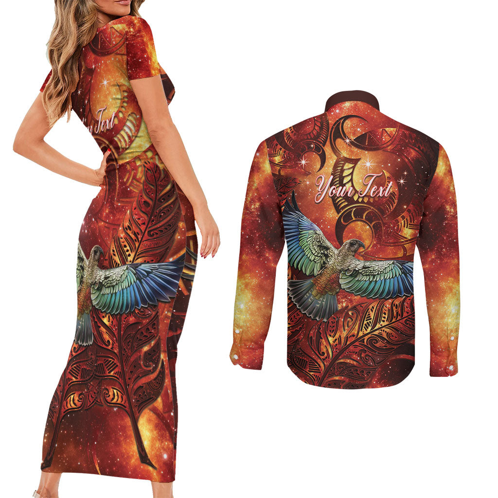 New Zealand Kea Bird Matariki Personalised Couples Matching Short Sleeve Bodycon Dress and Long Sleeve Button Shirt Silver Fern Maori Pattern
