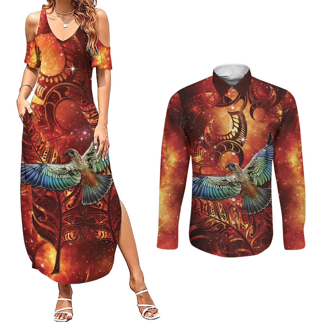 New Zealand Kea Bird Matariki Personalised Couples Matching Summer Maxi Dress and Long Sleeve Button Shirt Silver Fern Maori Pattern