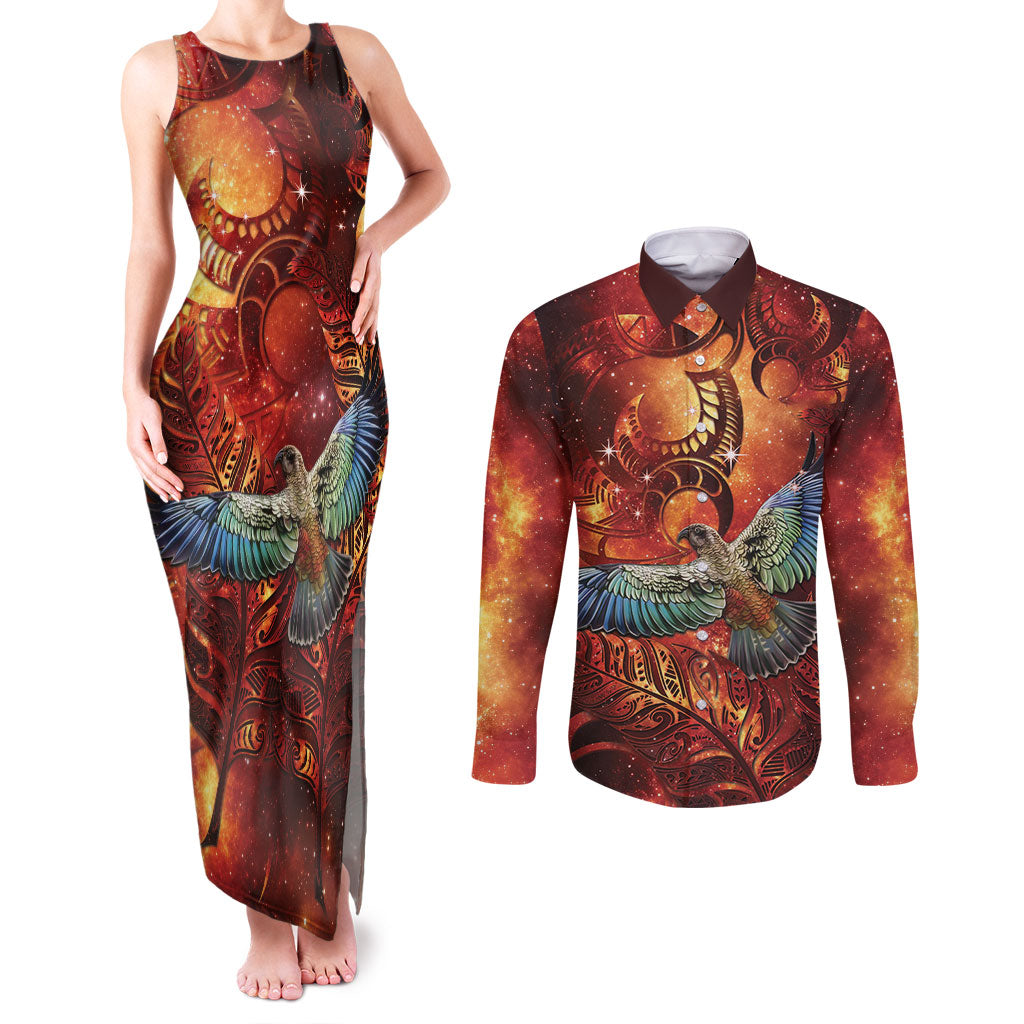 New Zealand Kea Bird Matariki Personalised Couples Matching Tank Maxi Dress and Long Sleeve Button Shirt Silver Fern Maori Pattern