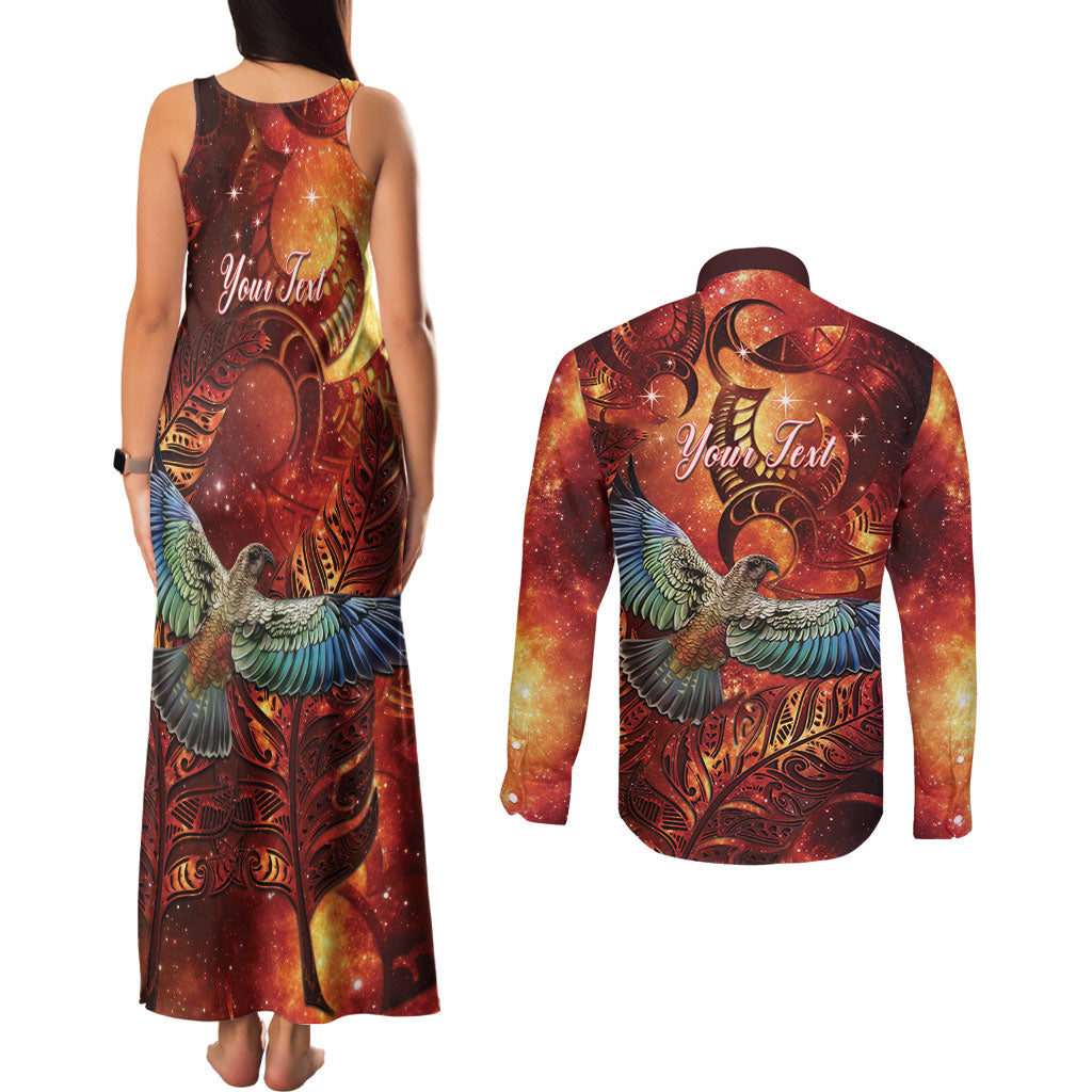New Zealand Kea Bird Matariki Personalised Couples Matching Tank Maxi Dress and Long Sleeve Button Shirt Silver Fern Maori Pattern