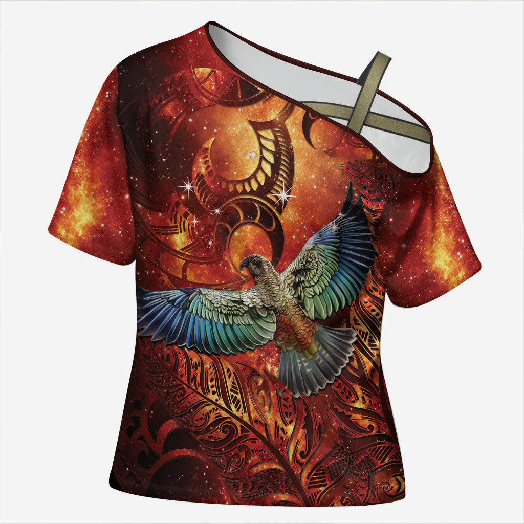 New Zealand Kea Bird Matariki Personalised Cross Shoulder Shirt Silver Fern Maori Pattern