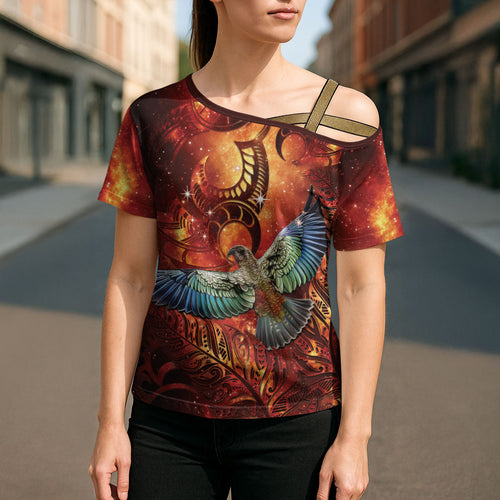 New Zealand Kea Bird Matariki Personalised Cross Shoulder Shirt Silver Fern Maori Pattern