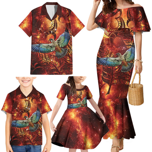 New Zealand Kea Bird Matariki Personalised Family Matching Mermaid Dress and Hawaiian Shirt Silver Fern Maori Pattern