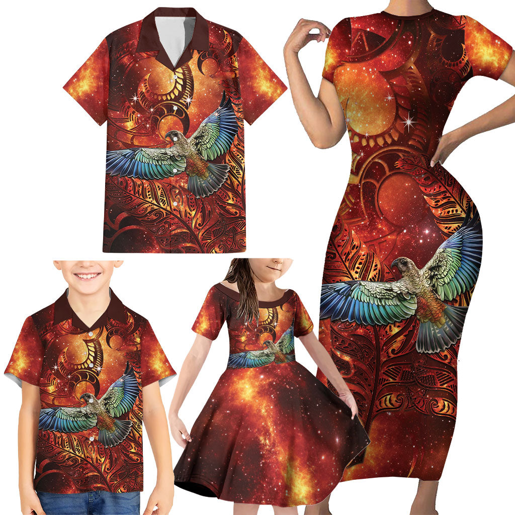 New Zealand Kea Bird Matariki Personalised Family Matching Short Sleeve Bodycon Dress and Hawaiian Shirt Silver Fern Maori Pattern