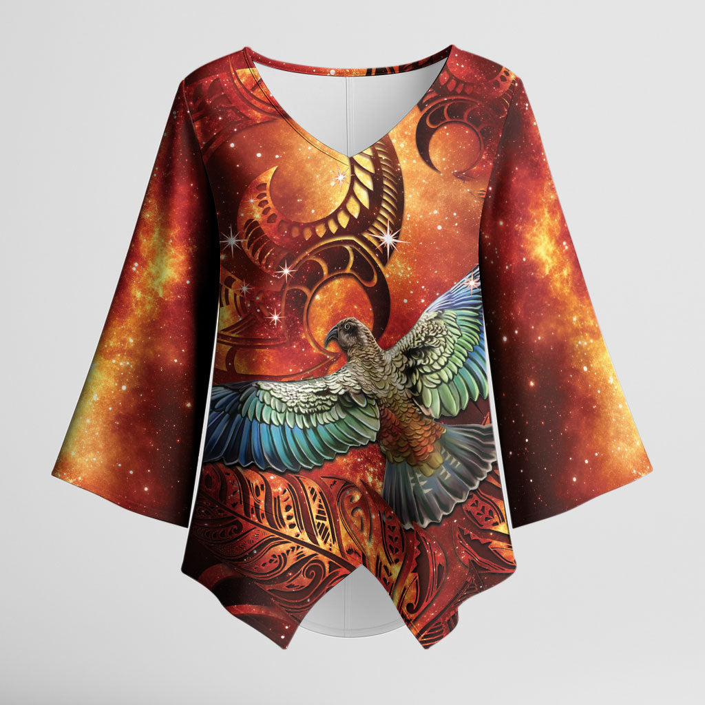 New Zealand Kea Bird Matariki Personalised Kimono Sleeve Blouse Silver Fern Maori Pattern