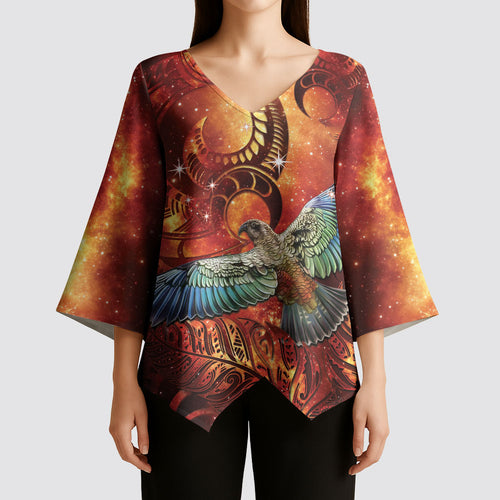 New Zealand Kea Bird Matariki Personalised Kimono Sleeve Blouse Silver Fern Maori Pattern