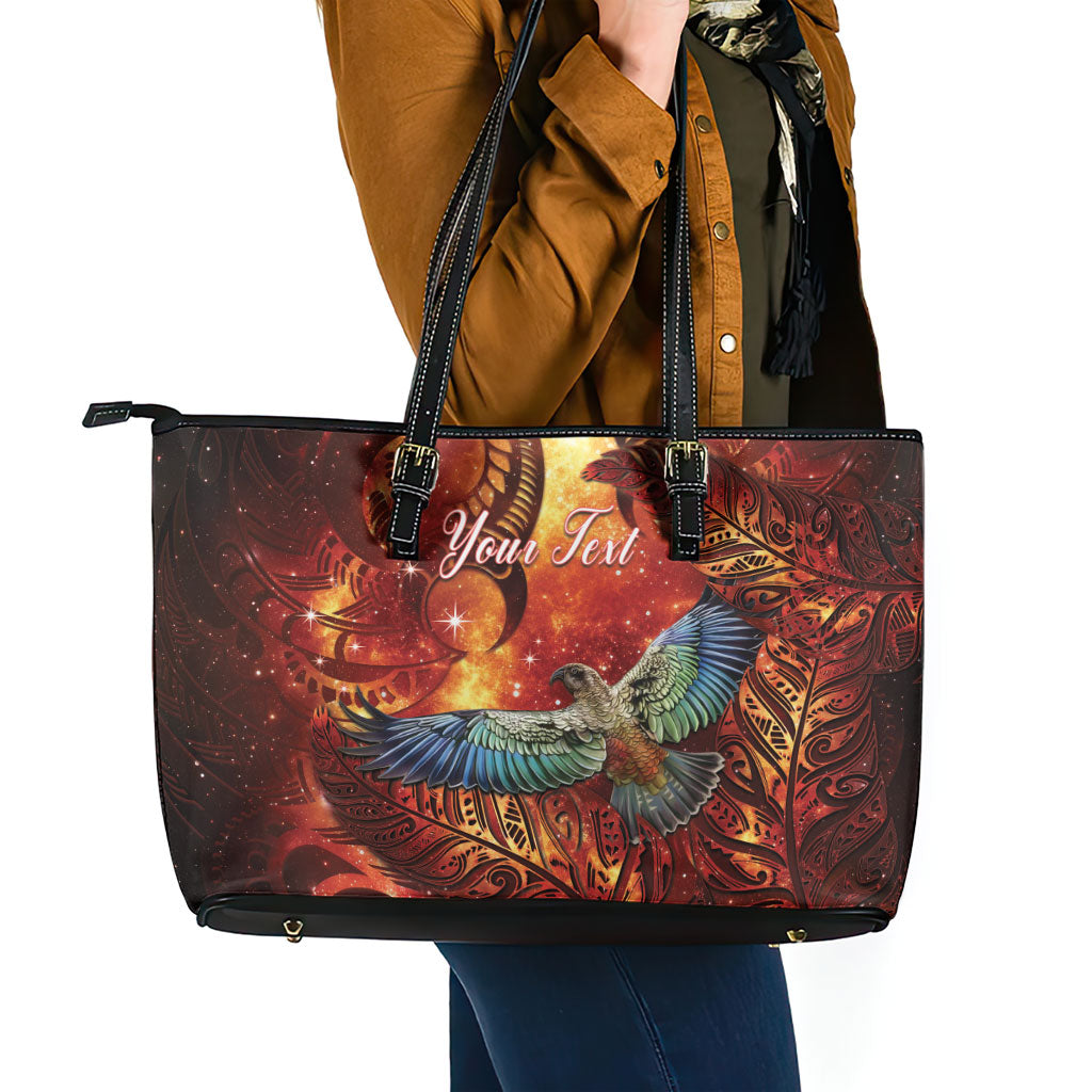 New Zealand Kea Bird Matariki Personalised Leather Tote Bag Silver Fern Maori Pattern