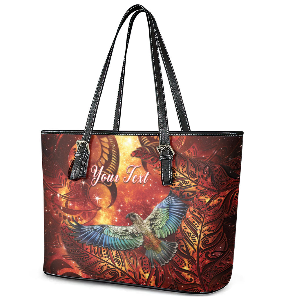 New Zealand Kea Bird Matariki Personalised Leather Tote Bag Silver Fern Maori Pattern