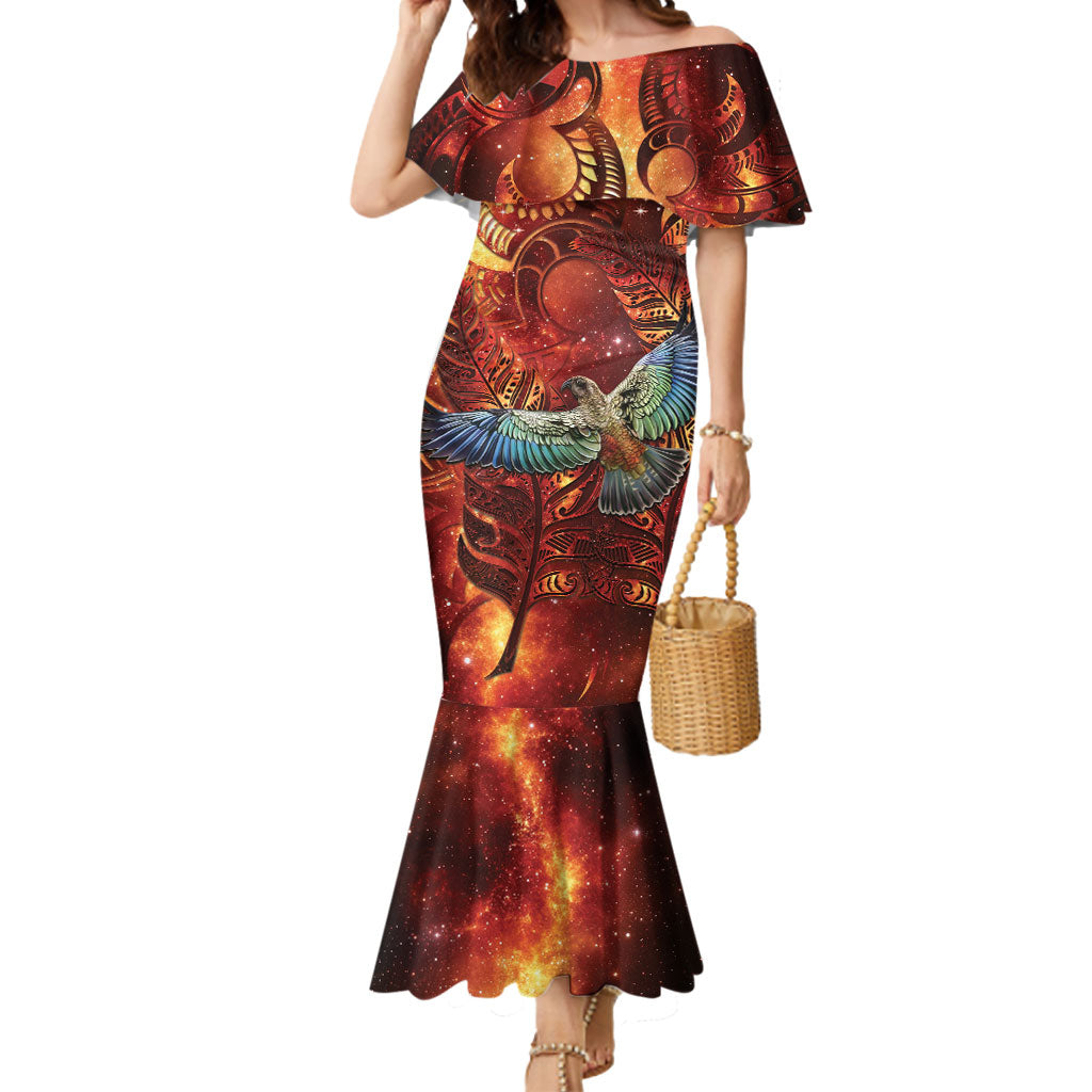 New Zealand Kea Bird Matariki Personalised Mermaid Dress Silver Fern Maori Pattern