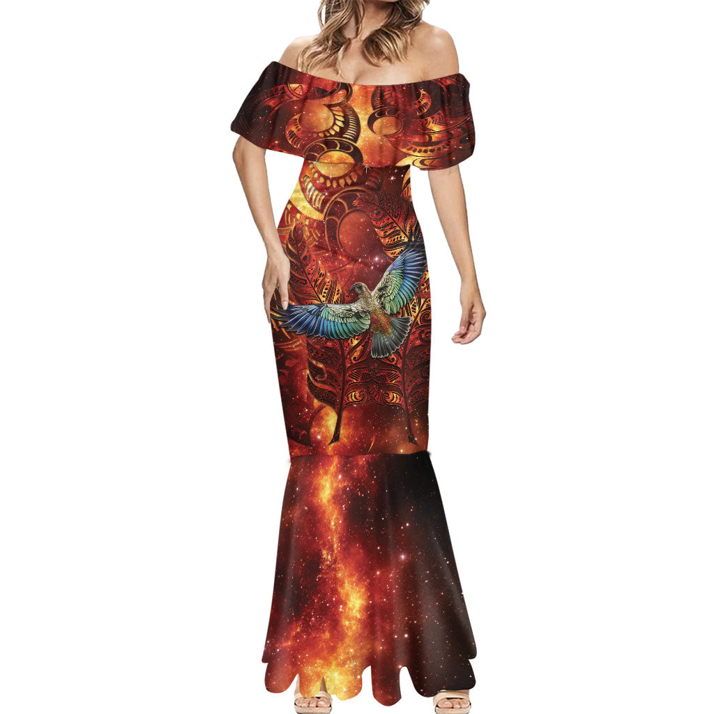 New Zealand Kea Bird Matariki Personalised Mermaid Dress Silver Fern Maori Pattern