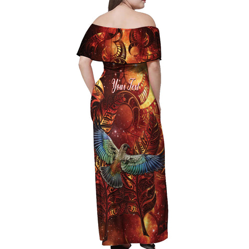 New Zealand Kea Bird Matariki Personalised Off Shoulder Maxi Dress Silver Fern Maori Pattern