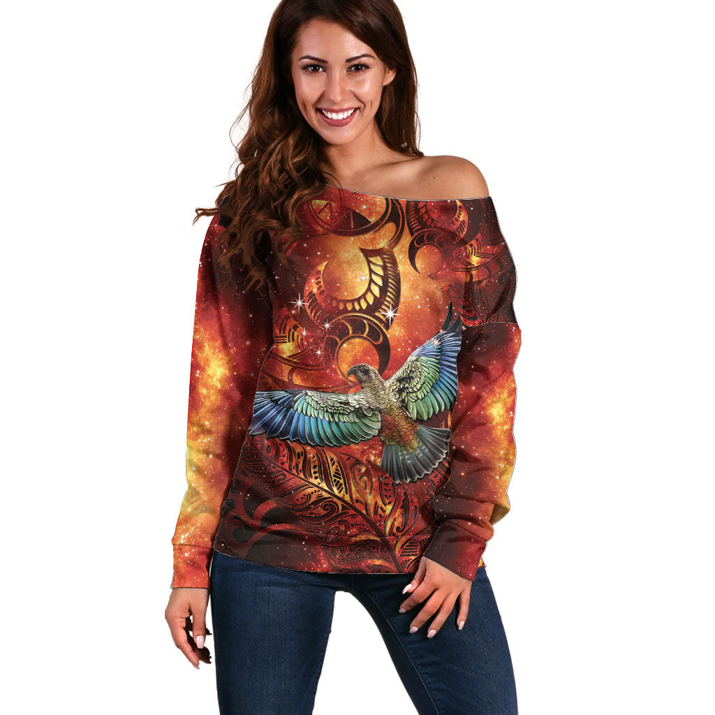 New Zealand Kea Bird Matariki Personalised Off Shoulder Sweater Silver Fern Maori Pattern