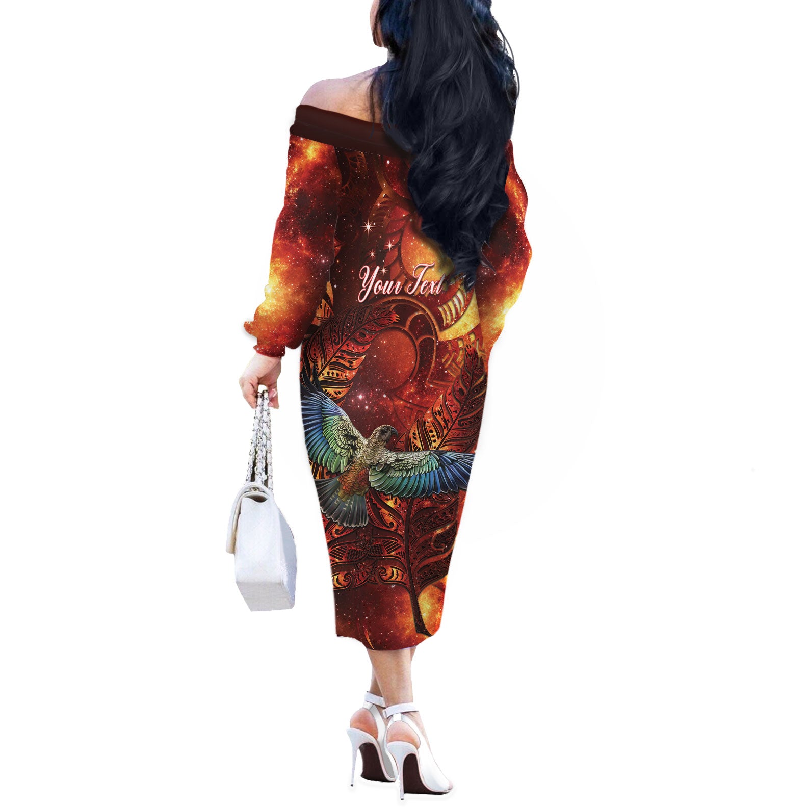 New Zealand Kea Bird Matariki Personalised Off The Shoulder Long Sleeve Dress Silver Fern Maori Pattern